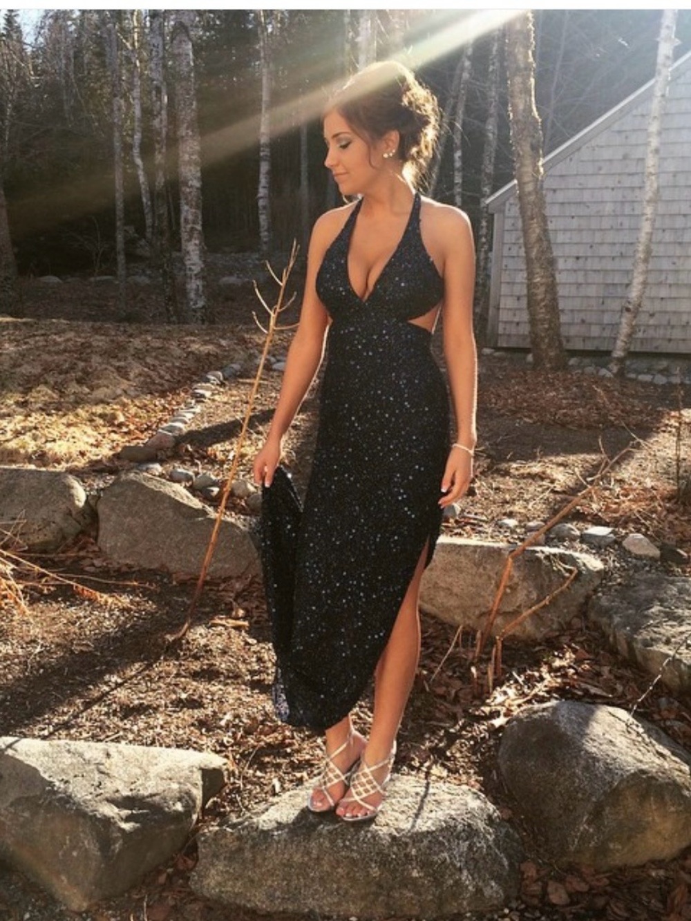 Dark Blue Sequin Halter Formal Dress